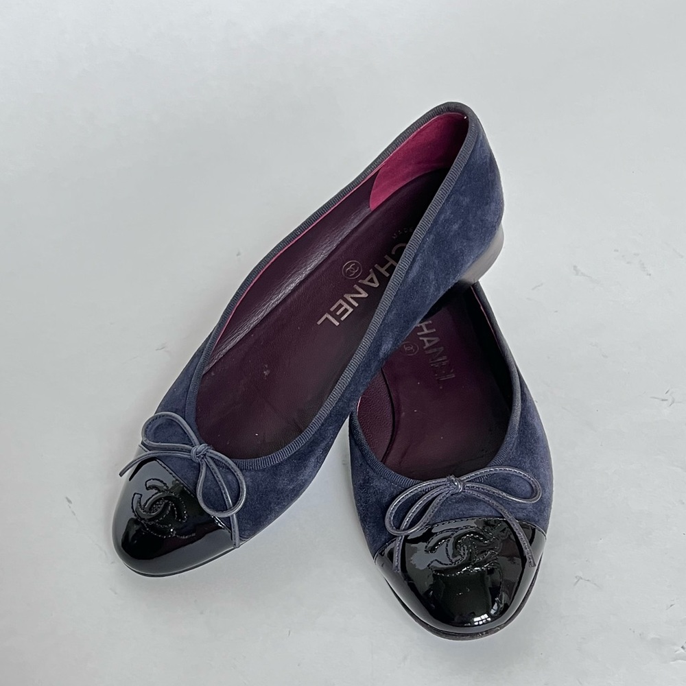 CHANEL Ballet Flats. Navy suede with black patent leather cap toe. Size 36.5